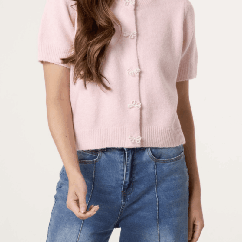 Bow knit short sleeve cardigan