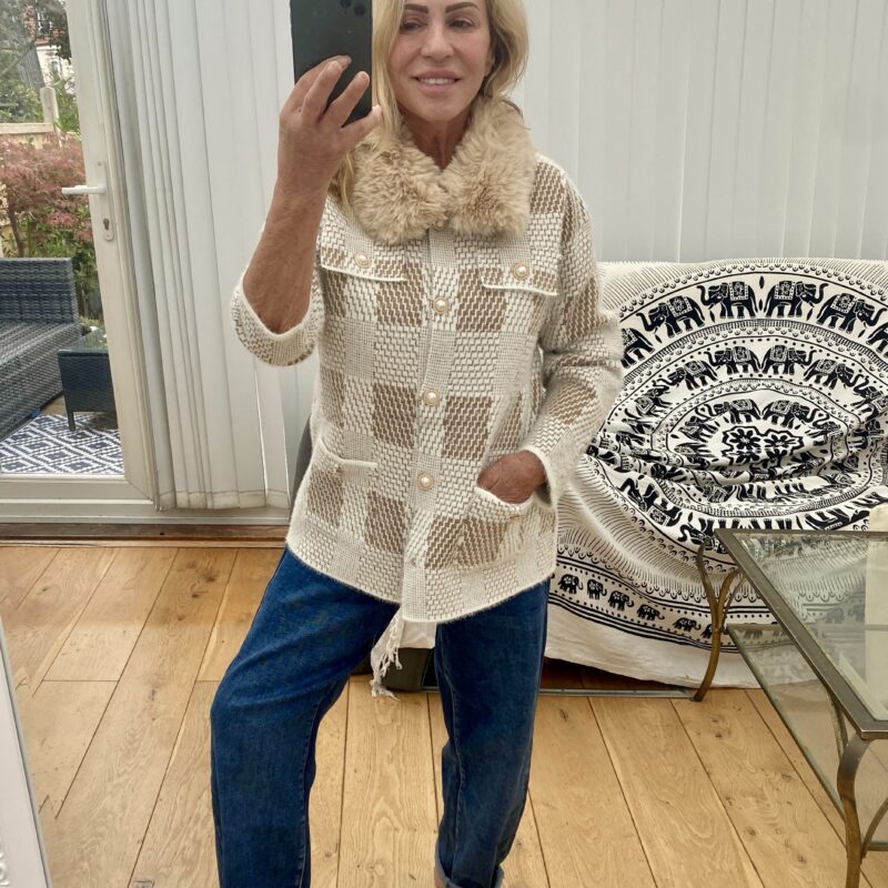 Macey fur collar gold button cardigan